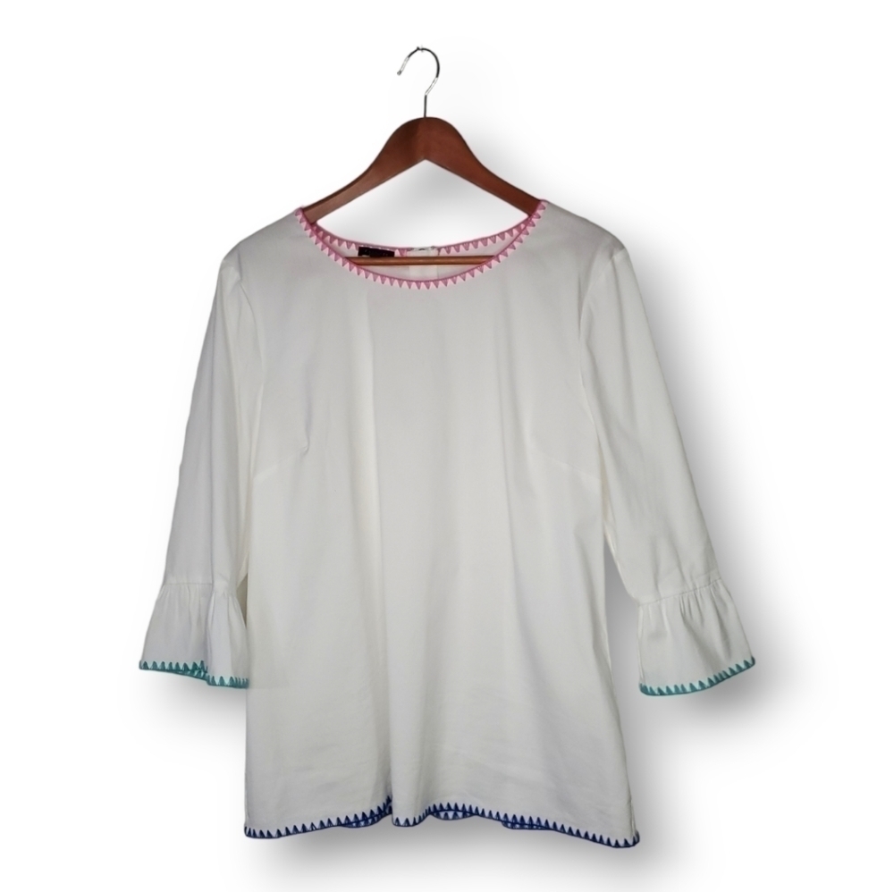 Talbolts White Bell-Sleeve Embroidered Trim Detail Top Size M